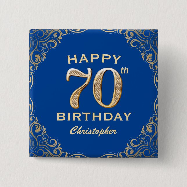 70:e Födelsedagsfesten Blue och Guld Glitter Ram Knapp (Framsida)