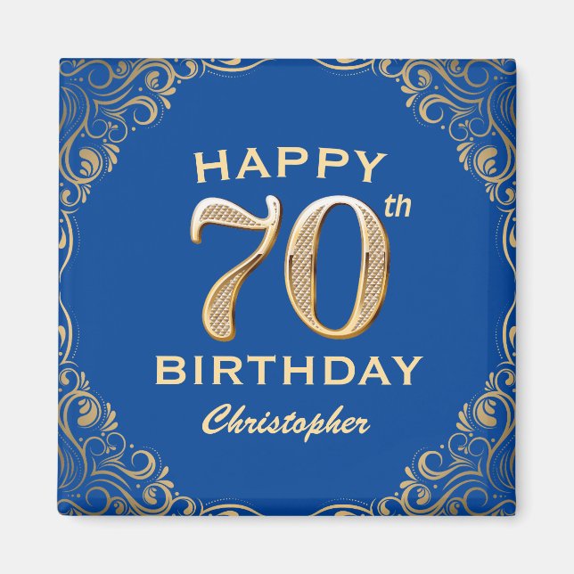 70:e Födelsedagsfesten Blue och Guld Glitter Ram Magnet (Framsidan)