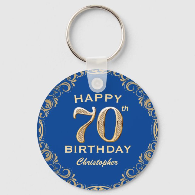 70:e Födelsedagsfesten Blue och Guld Glitter Ram Nyckelring (Framsida)
