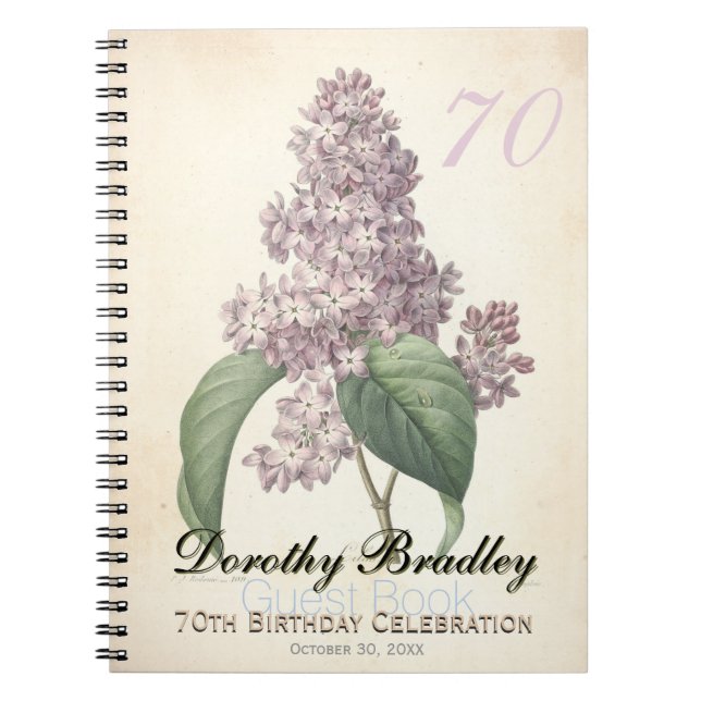 70:e Födelsedagsfesten Botanical Lilac Guest Bok Anteckningsbok Med Spiral (Framsidan)