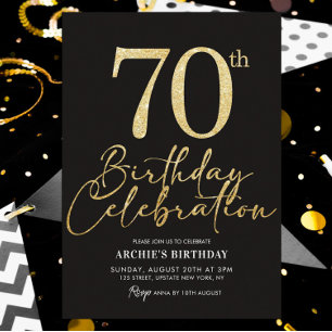 70:e Födelsedagsfesten Elegant Black & Guld Glitte Inbjudningar