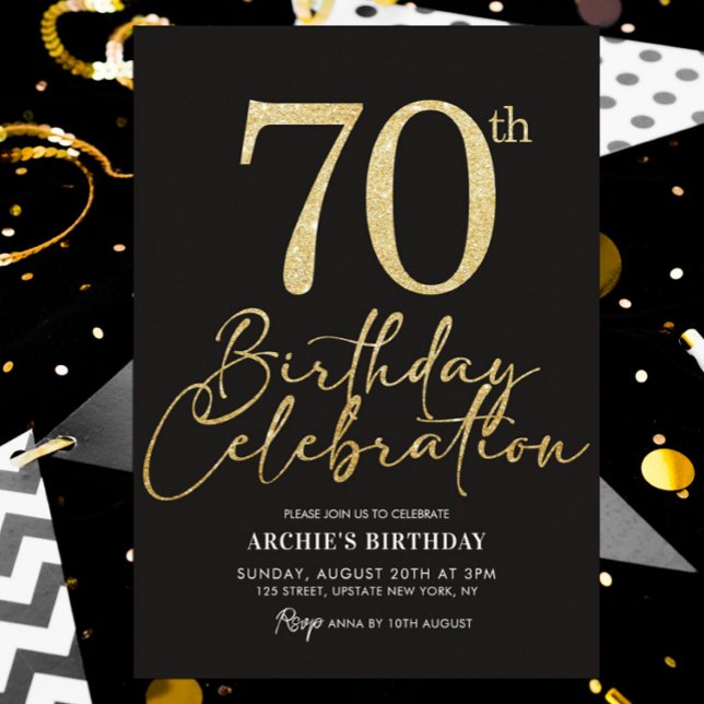 70:e Födelsedagsfesten Elegant Black & Guld Glitte Inbjudningar (70th birthday elegant black and gold glitter invitation template)
