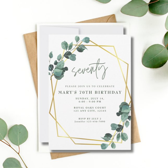 70:e Födelsedagsfesten Eucalyptus Greenery Guld Inbjudningar (Skapare uppladdad)