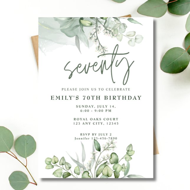 70:e Födelsedagsfesten Eucalyptus Greenery Waterco Inbjudningar (Skapare uppladdad)