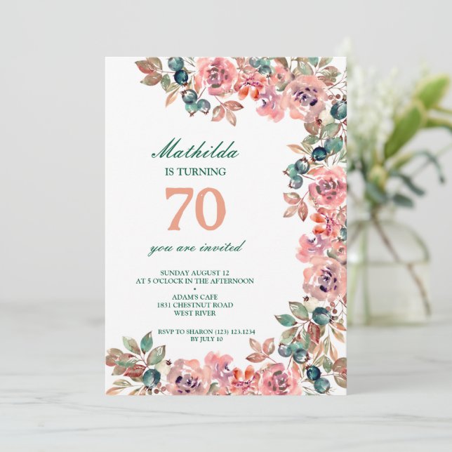 70:e födelsedagsfesten färglösa pastellblommor inbjudningar (Stående Fram)