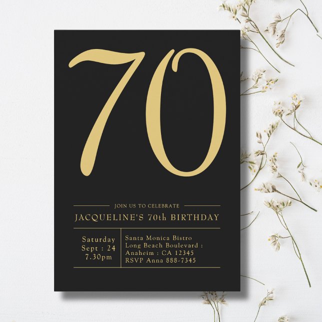 70:e Födelsedagsfesten fet 70 svart Guld Inbjudningar (70th birthday invitation. Bold black and gold party invites on a light background)