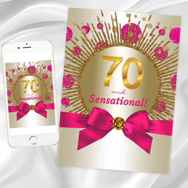 70:e Födelsedagsfesten Fuchsia Guld Inbjudningar (Womans hot pink gold 70th birthday invitation. Instant download and printed invitations available.)