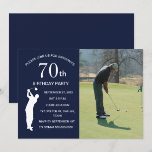 70:e Födelsedagsfesten Golfer Blue Par Golf Photo Inbjudningar