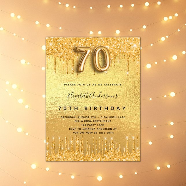 70:e födelsedagsfesten guld glitter droppar inbjudan vykort (Skapare uppladdad)