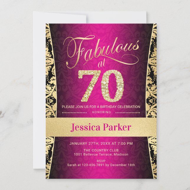 70:e Födelsedagsfesten - Guld Rosa Black Inbjudningar (Framsida)