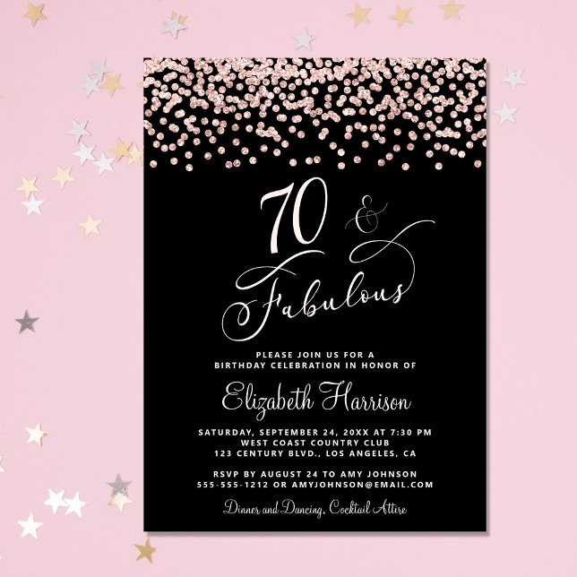 70:e Födelsedagsfesten Ro Guld Glitter Black Inbjudningar (Celebrate her 70 years of sparkle with an elegant glitter birthday party invitation )