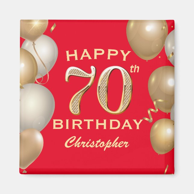 70:e Födelsedagsfesten Röda och Guld-ballonger Magnet (Framsidan)