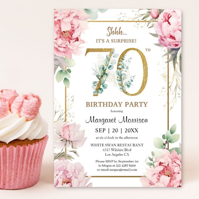70:e Födelsedagsfesten Rosa Peony Elegant Blommigt Inbjudningar (Skapare uppladdad)