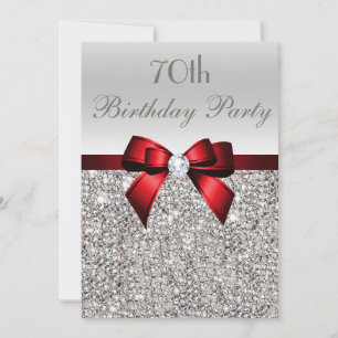 70:e Födelsedagsfesten Silver Sequins Red Bow Inbjudningar