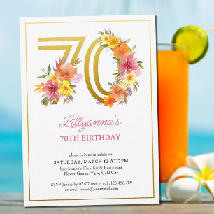 70:e Födelsedagsfesten Söt Blommigt Guld nummer 70 Inbjudningar