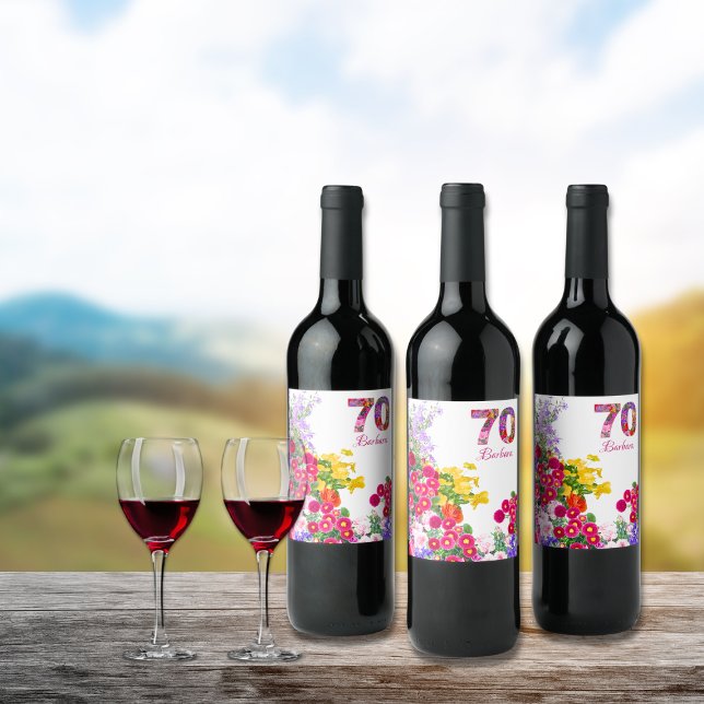 70:e födelsedagsfestens blombouquet vin-etiketter vinflaska etikett (Skapare uppladdad)