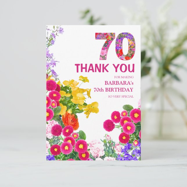 70:e födelsedagsfestens blommigt-buquet-kort tack kort (Stående Fram)