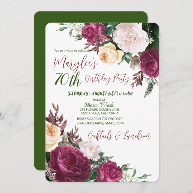 70:e Födelsedagsfestens Blommigt Design Birthday-i Inbjudningar (Fram/baksida)