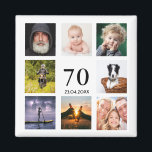 70:e födelsedagsfestens fotokollage magnet<br><div class="desc">En magnet för en 70:e födelsedagsfest till en kille som firar sitt liv med en kollage av 8 egna foton. Mallar för 70 års ålder och ett datum. Födelsedatum eller datum för party. Svart färgad brev. Vit bakgrund. Perfekt som partiförmån,  håll saknad eller spara datumpåminnelsen för dina gäster.</div>
