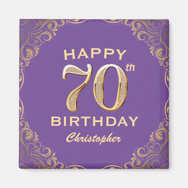 70:e Födelsedagsfestens Lila och Guld Glitter Ram Magnet (Framsidan)