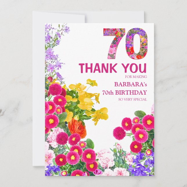 70:e födelsedagsfestens platta tack för blommigten kort (Framsida)