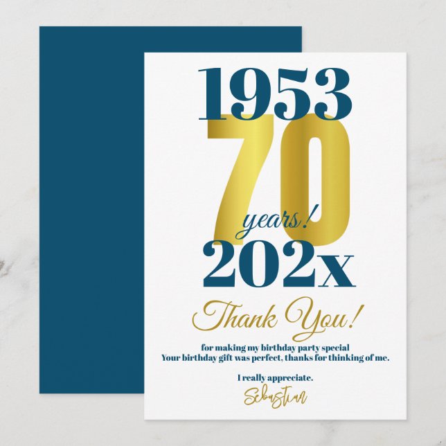 70:e Födelsedagsfestens Tack (Fram/baksida)