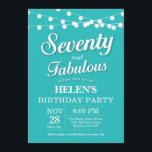70:e födelsedagsinbjudan Aqua Turcos Fabulous Inbjudningar<br><div class="desc">70:e födelsedagsinbjudan med String Ljus Aqua Turquise Background. Kvinna Födelsedagsfest. Sjuttio och Fabulous. Vilken ålder som helst. Om du vill göra ytterligare anpassningar klickar du på knappen "Anpassa" och användor verktyg som är utformat för att ändra mallen.</div>