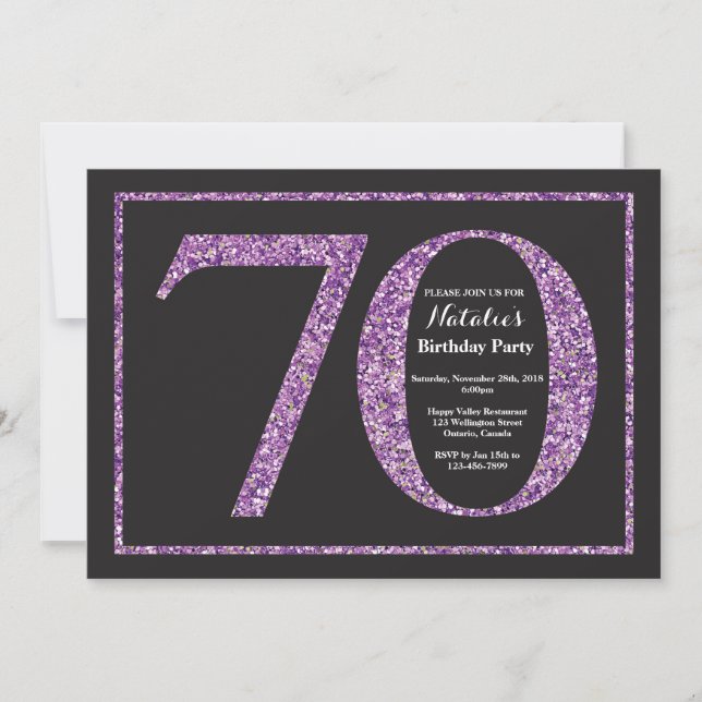 70:e födelsedagsinbjudan Lila Glitter-kalkbrädet Inbjudningar (Framsida)