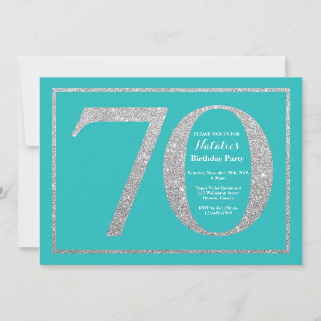 70:e födelsedagsinbjudan Teal och Silver Glitter Inbjudningar (Framsida)