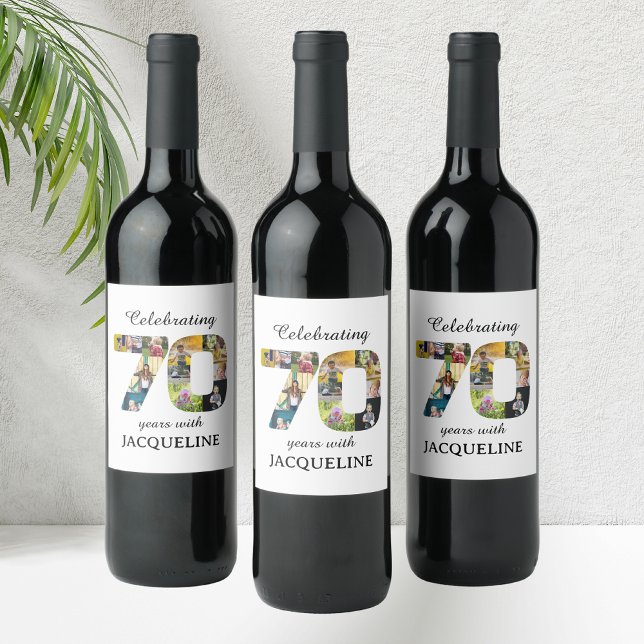 70:e födelsedagsinbjudan till fotomall vinflaska etikett (70th birthday personalized wine bottle labels with family photo collage template.)