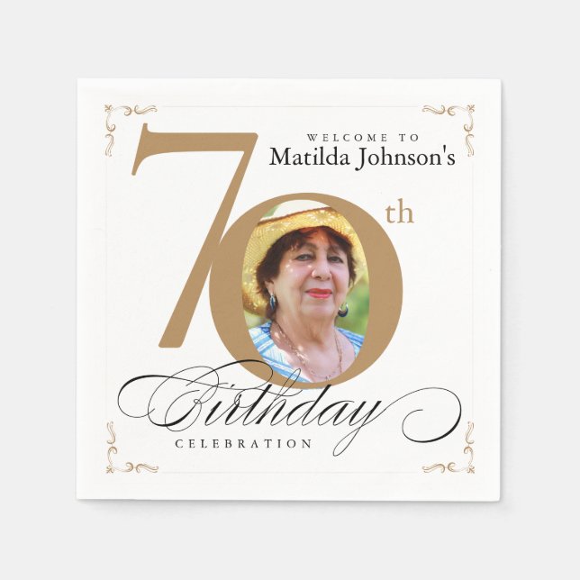 70:e födelsedagskalligrafin Elegant Vita Guld-foto Pappersservett (Framsidan)
