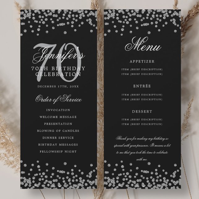 70:e födelsedagsmenyn - tack till Silver Black Inbjudningar (70th Birthday Program Menu Thank U Silver Black)