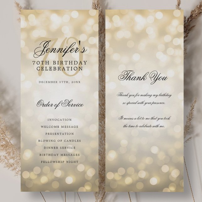 70:e födelsedagsprogrammet Guld Bokeh w/Tack Inbjudningar (70th Birthday Program Gold Bokeh w/ Thank You)