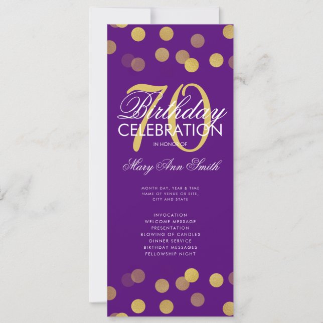 70:e födelsedagsprogrammet Guld confetti w/ Menu L Inbjudningar (Framsida)