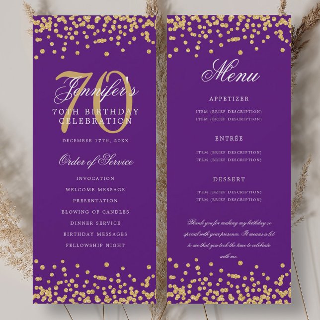 70:e födelsedagsprogrammet Menu Tack Guld Lila Inbjudningar (70th Birthday Program Menu Thank You Gold Purple )