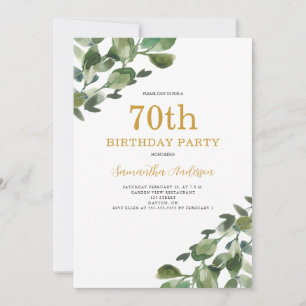 70:e födelsedagsskript Eucalyptus Watercolor Guld Inbjudningar
