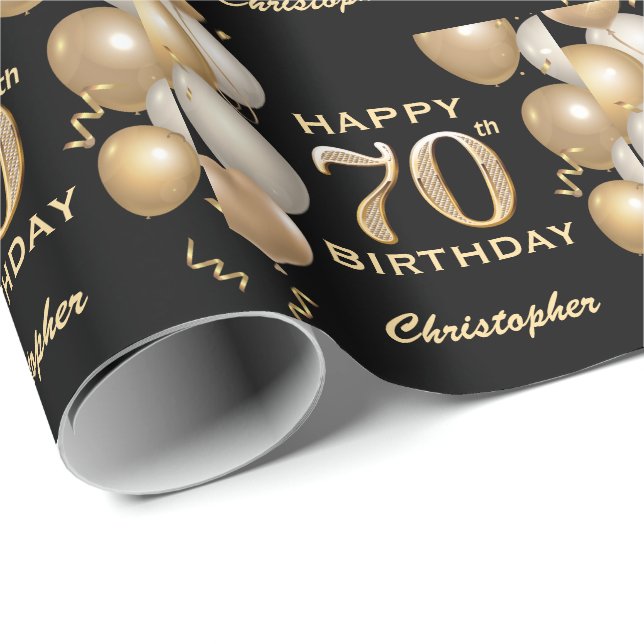 70:e födelsedagstidningen Black och Guld Glitter Presentpapper (Rullad Hörn)