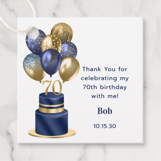70:e födelsedagstidningen Blue Balloon Cake Tack Gåvor Etiketter (Framsida)