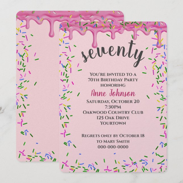70:e födelsedagstidningens Rosa Icing and Sprinkle Inbjudningar (Fram/baksida)