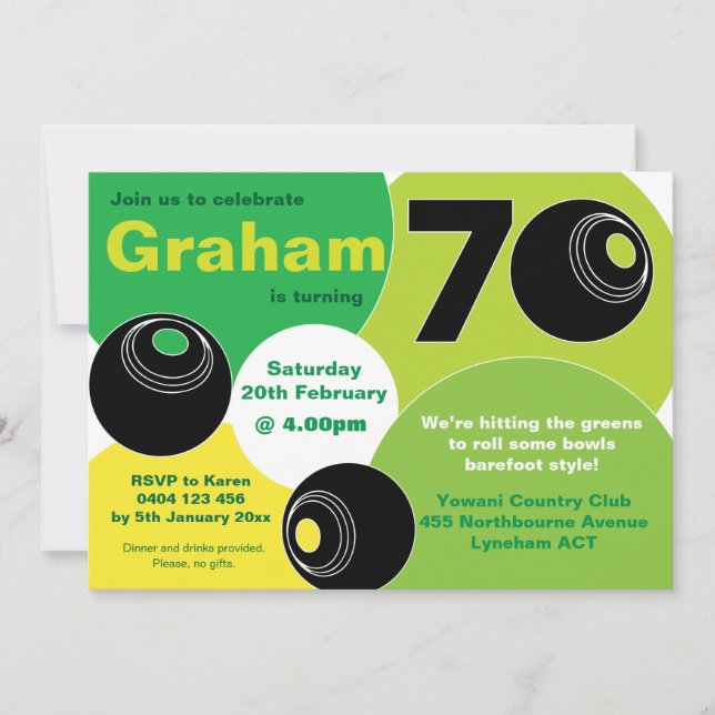 70:e Gräsmatta Bowls Barefoot Bowling Birthday Inbjudningar (Framsida)