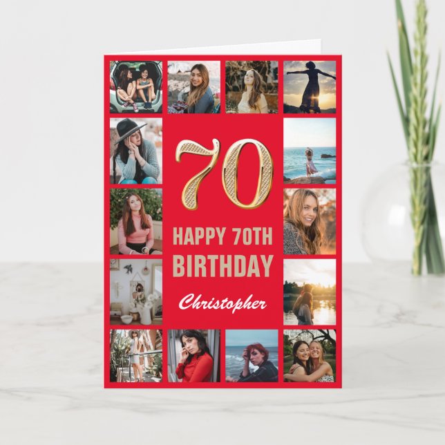 70:e Grattis på födelsedagen Red and Guld Photo Co Kort (Framsida)