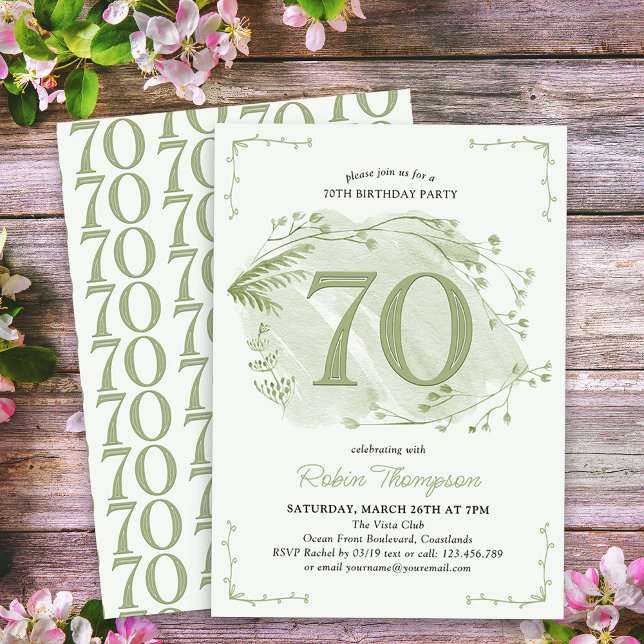 70:e Grönten på födelsedagen Djuren Wildblomma num Inbjudningar (70th Birthday Invitation - buy professionally printed or as digital download for printing or sharing)