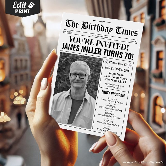 70:e inbjudan till dagstidning med program (70th Birthday Newspaper Invitations with Program)