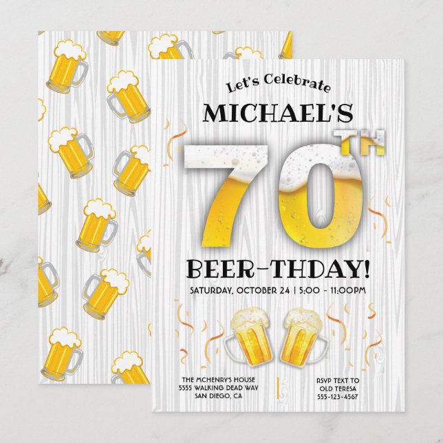 70:e inbjudan till milstolpe för öl-Födelsedagsfes (Fram/baksida)