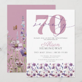 70:e kvinnliga Lila Blommigtar Butterfly-födelseda Inbjudningar