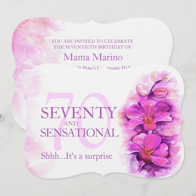 70:e Orchid-vattenfärgen lila 70 och sensationell Inbjudningar (Fram/baksida)