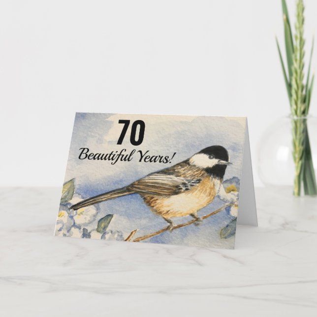 70:e vackra året Birthday Chickadee Watercolor Kort (Framsida)