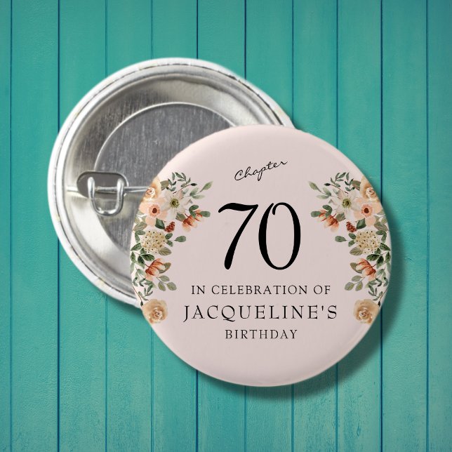 70:e Vintagens Blommigt Knapp (Celebrate that 70th Birthday with these personalized pin button badges.)