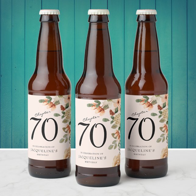 70:e Vintagens Blommigt Ölflaska Etikett (70th Birthday vintage floral customised beer bottle labels. Unique big 7-0 celebration idea.)