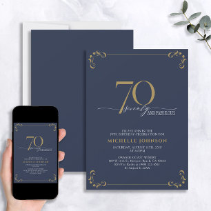 70 & Fabulous Blue & Guld Calligraphy Birthday Inbjudningar